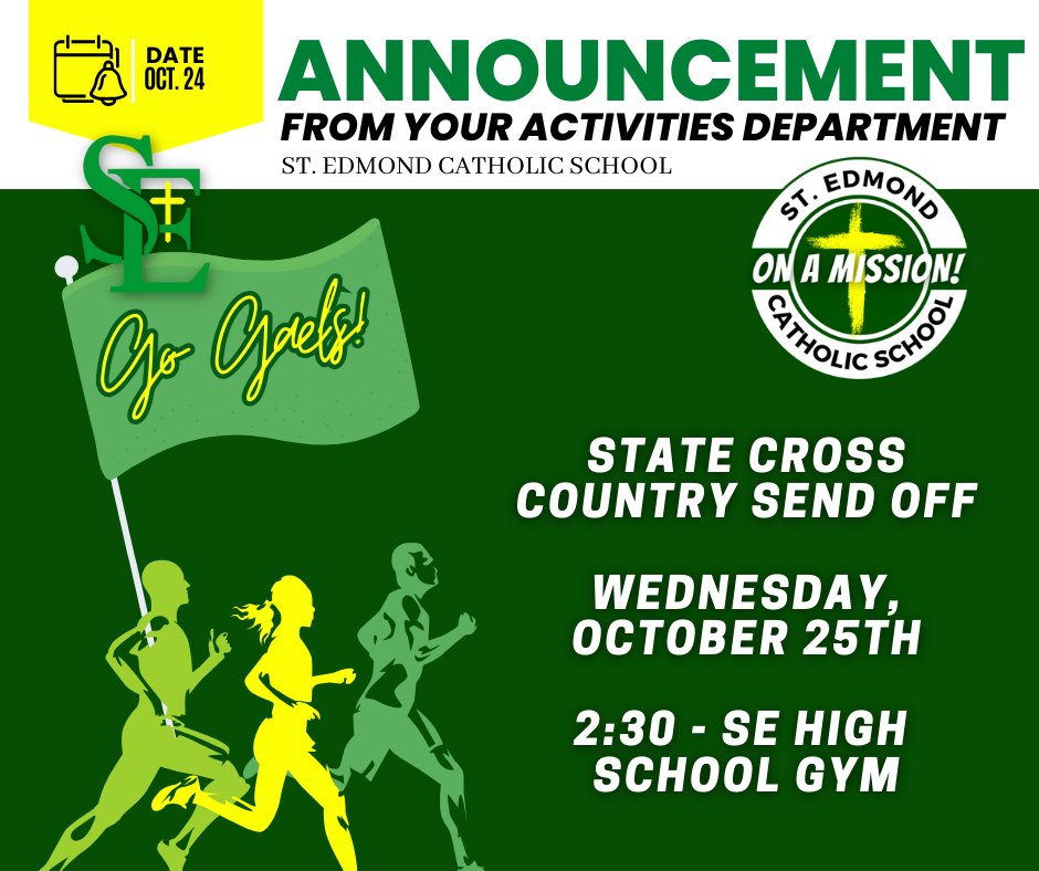 A State Cross Country Send Off is happening this Wednesday, October 25th. Everyone is welcome! Go Gaels!