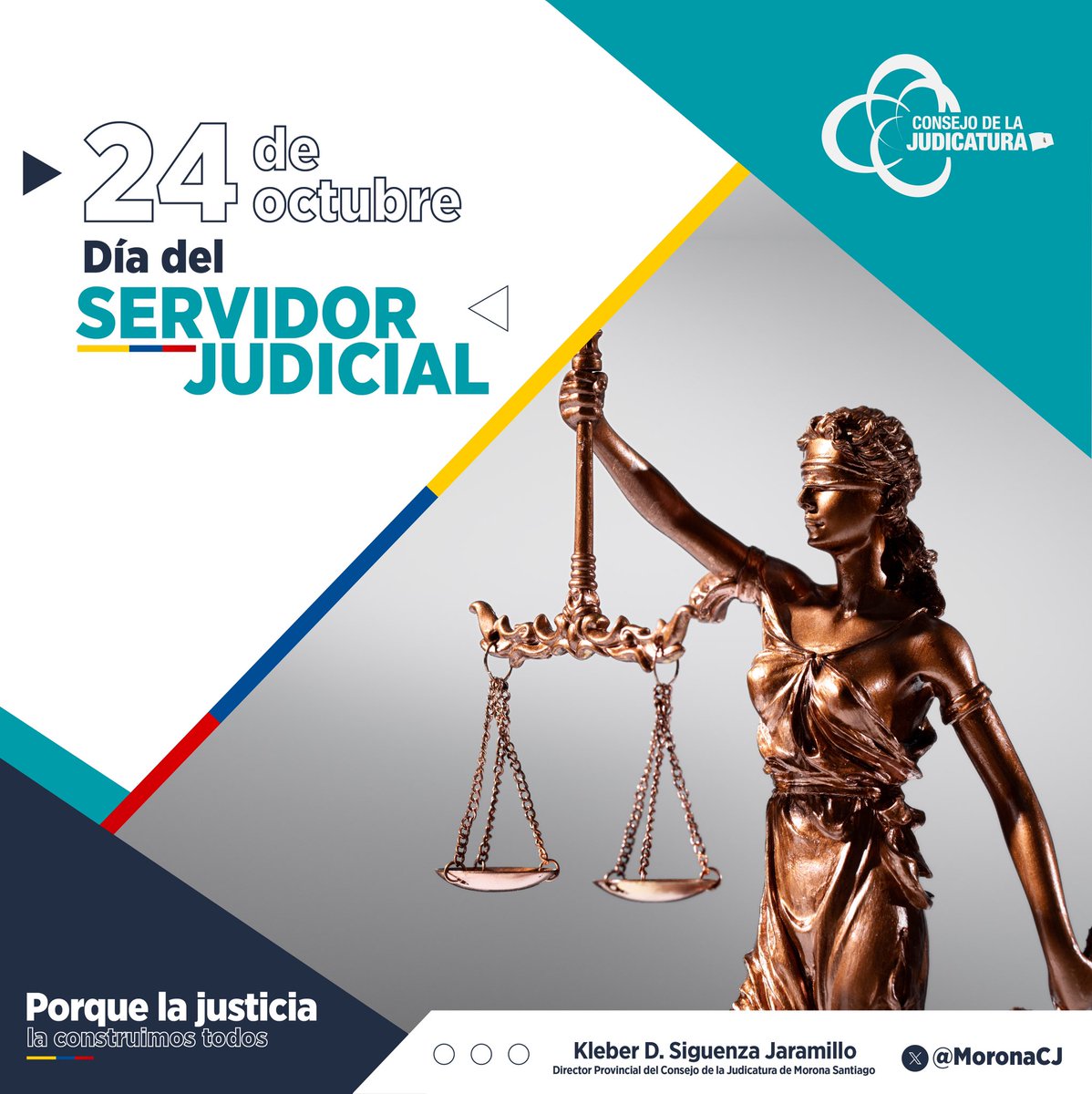 MoronaCJ's tweet photo. #HOY | El 24 de octubre conmemoramos el Día del Servidor Judicial. El Abg. @KleberSiguenzaJ, Director Provincial de @MoronaCJ, envía un saludo fraterno a los servidores de la #FunciónJudicial en su día.

¡Felicidades! https://t.co/h8hurzGsK5
