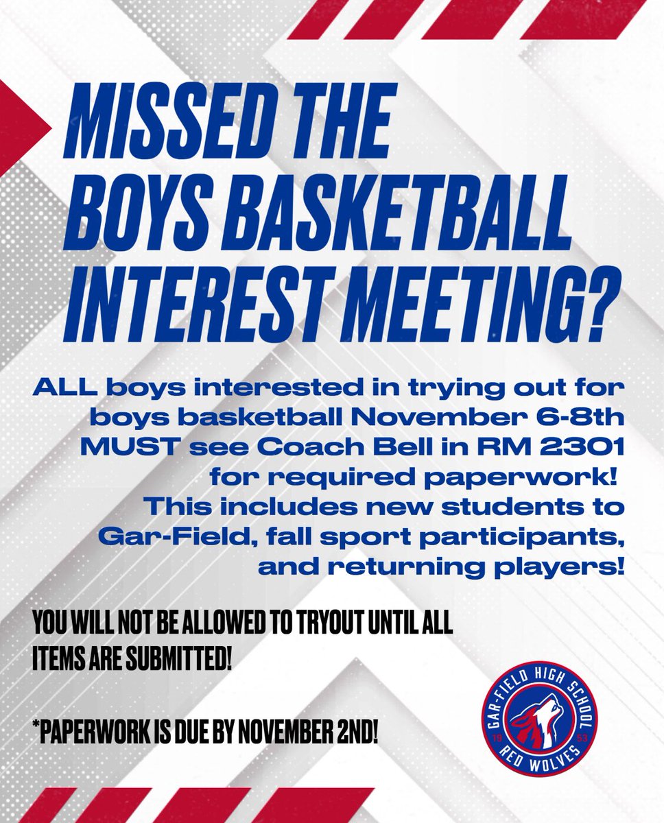 GFHSBoysBball's tweet image. Students who missed last week’s interest meeting MUST see Coach Bell for required paperwork in order to tryout November 6th-8th! ALL PAPERWORK FOR ALL ATHLETES IS DUE BY NOVEMBER 2ND, DO NOT WAIT TILL THE LAST MINUTE! #GFStrong @G_FHSAthletics