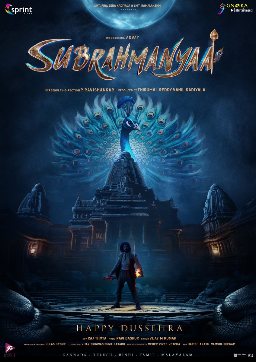Advayinaction's tweet photo. The divine power awakens 🦚
Presenting you #Subrahmanyaa - a tale of a man and his quest for God ❤‍🔥
 
Wishing you all a Happy Dussehra 💥

@Advayinaction #RaviShankar @SprintFilms @GnapikaEnt @sgmoviemakers @urstirumalreddy @ursanilkadiyala @urspravina https://t.co/IvA272TdML