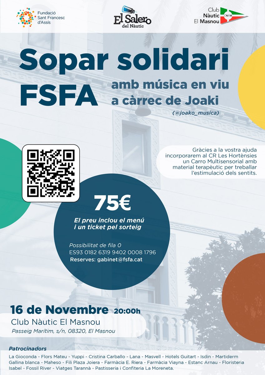 FPSFA's tweet photo. 🍽️Vine al Sopar Solidari FSFA
🙏Tots els beneficis seran destinats a la compra d'un Carro Multisensorial pel CR Les Hortènsies
🎶Serà una nit màgica amb sorpreses i música en viu a càrrec de Joaky
📆16 novembre a les 20:00 
📍Club Nàutic El Masnou
ℹ️  https://t.co/QDTDtCg253 https://t.co/7r7dx6PHn0