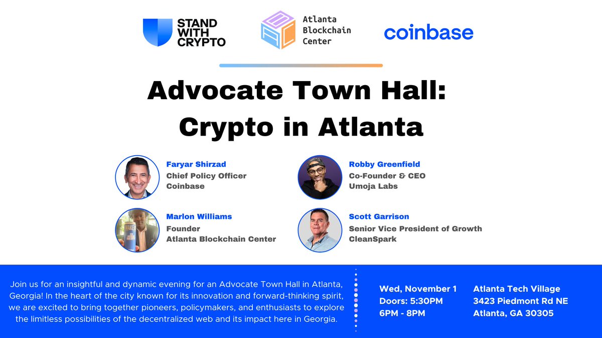 Join us @atltechvillage on 11/1 for an insightful #AdvocateTownHall in #ATL! We are excited to bring together pioneers, policymakers, &amp; enthusiasts to explore possibilities of crypto in GA with <a href="/coinbase/">Coinbase 🛡️</a> @cleanspark_inc <a href="/standwithcrypto/">Stand With Crypto🛡️</a> @umojalabs etc

🎟️ buff.ly/3QubT1E