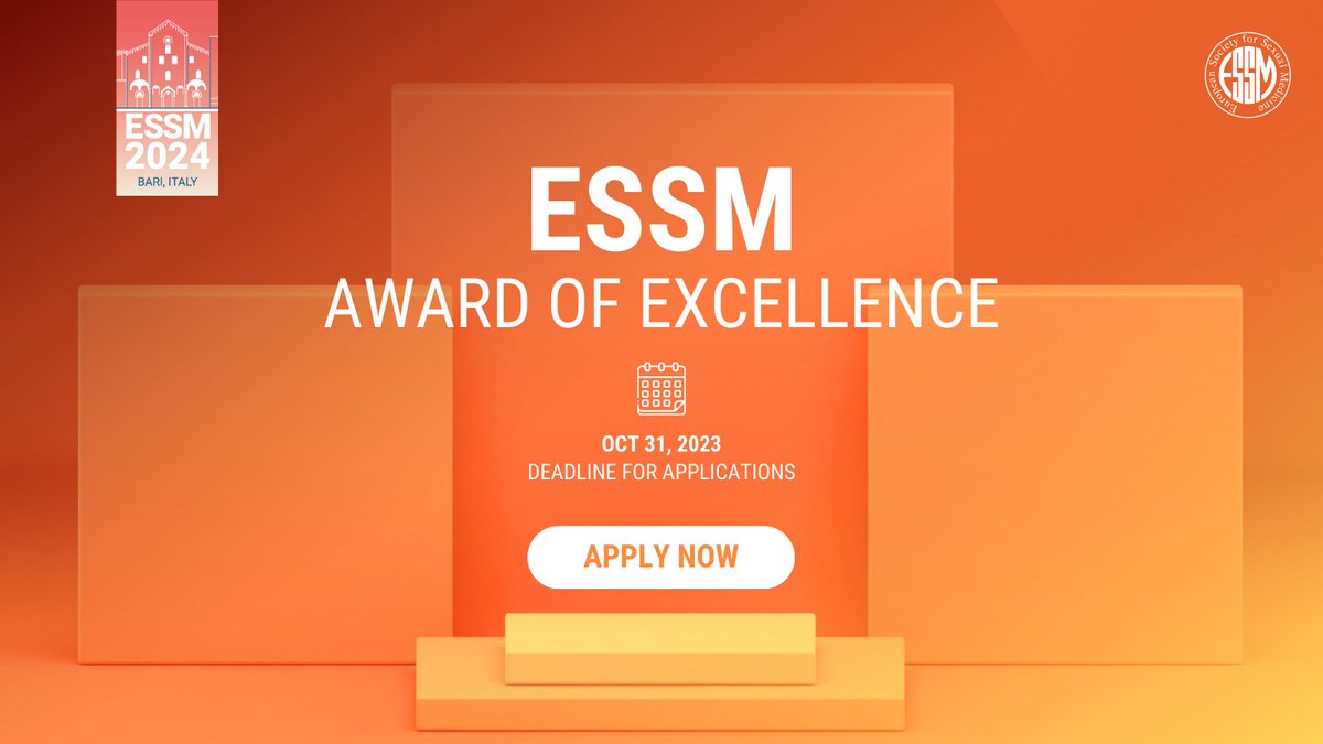 Only 7 days left to submit your application for the #ESSM24 Award of Excellence!

Visit our website to learn more 👉🏼 essm.org/research/award…

#ESSMAward #AwardofExcellence #ESSM #Recognition #SexualMedicine #Science #SexualEducation #Excellence