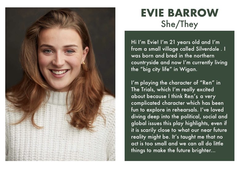 RBCWigan's tweet photo. 🌎 Introducing Evie Barrow (She/They) - who will be playing REN in Rose Bruford College Wigan’s production of THE TRIALS ⚖️ https://t.co/OdqG5D6fUt