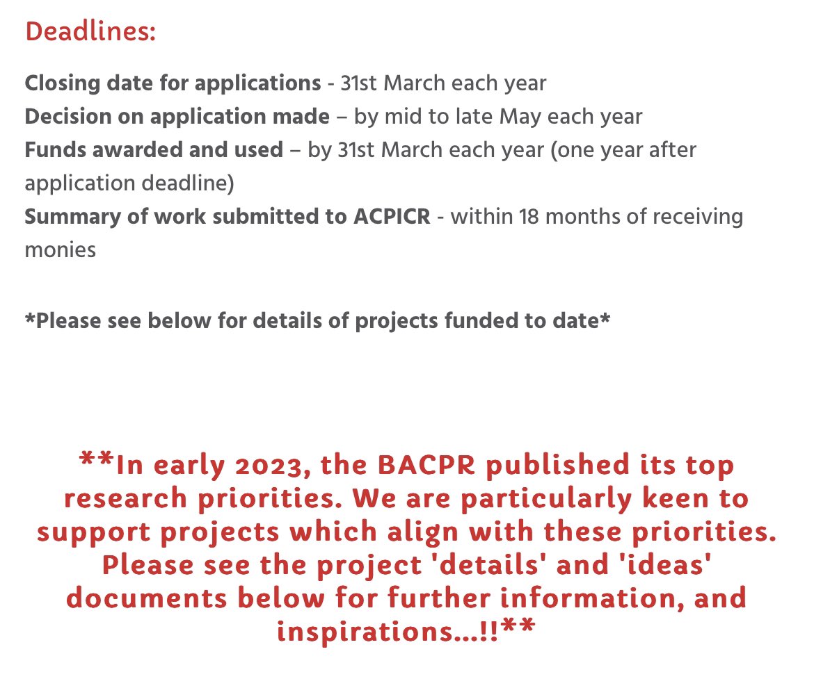 🔔 Calling all ACPICR members… 🔔 *Project Development Fund* Next deadline for applications: 31st March 2024. This year we are particularly keen to support projects aligned with recently published @bacpr research priorities. See acpicr.com for details.