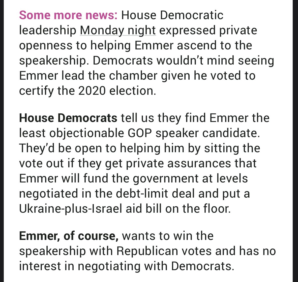 The dysfunction in the House is a national and global security issue. I would sit-out the Speaker vote if Tom Emmer will fund our government at negotiated levels, bring Ukraine and Israel aid bills to the floor, and commit to rules changes to make Congress work for the people.🇺🇸