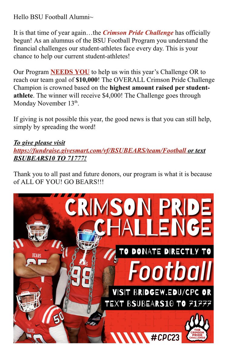9th Annual Crimson Pride Challenge is here! 

Click the link below or text 71777 to donate! 

fundraise.givesmart.com/vf/BSUBEARS/te…