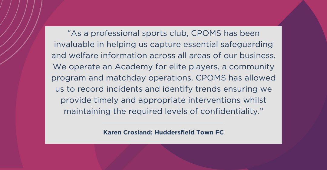 We're thrilled to receive more great feedback from one of our sports club clients!

CPOMS allows different establishments to communicate & share essential welfare information easily & efficiently while keeping the players' safety as the main priority.

#sportsclubs #safeguarding