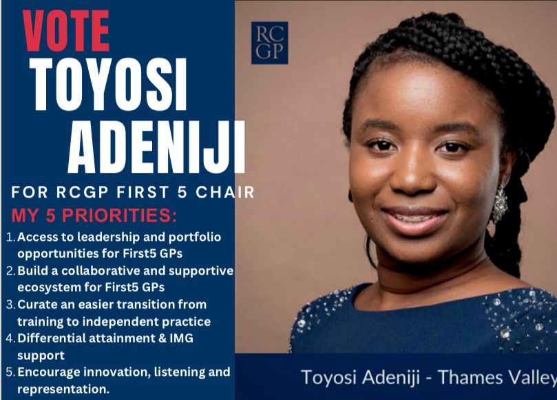 I am excited to see <a href="/drtoyosiadeniji/">Toyosi Adeniji</a> running for RCGP First5 Chair. This lady right here is a visionary leader. 
If you're a First5, please vote at cesvotes.com/rcgpaitf52023. Your voice matters! 🌟 #First5Chair #RCGP #VoteNow