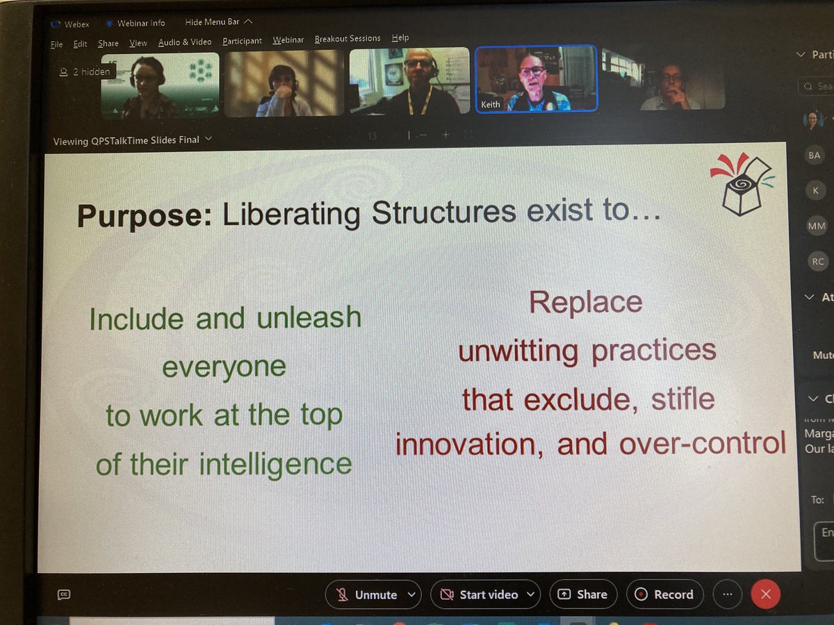 mapflynn's tweet image. ⁦@KeithMcCandless⁩ sharing how #liberatingstructures are used to avoid practices that “exclude, stifle and over control” ⁦@QPSTALKTIME⁩