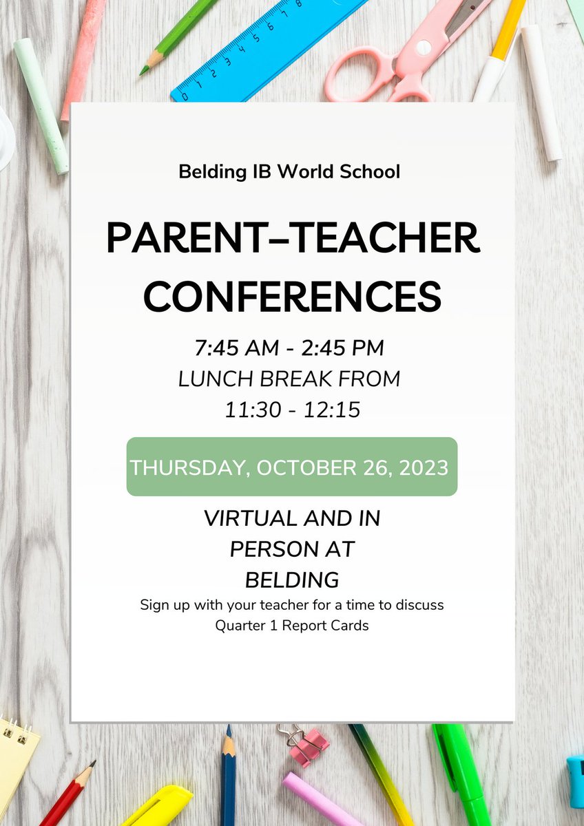 CPS_Belding's tweet photo. Parent Teacher Conferences are this Thursday 10/26. Make sure to contact your student's teacher to set up a time to meet! https://t.co/MmEGXNxkbJ