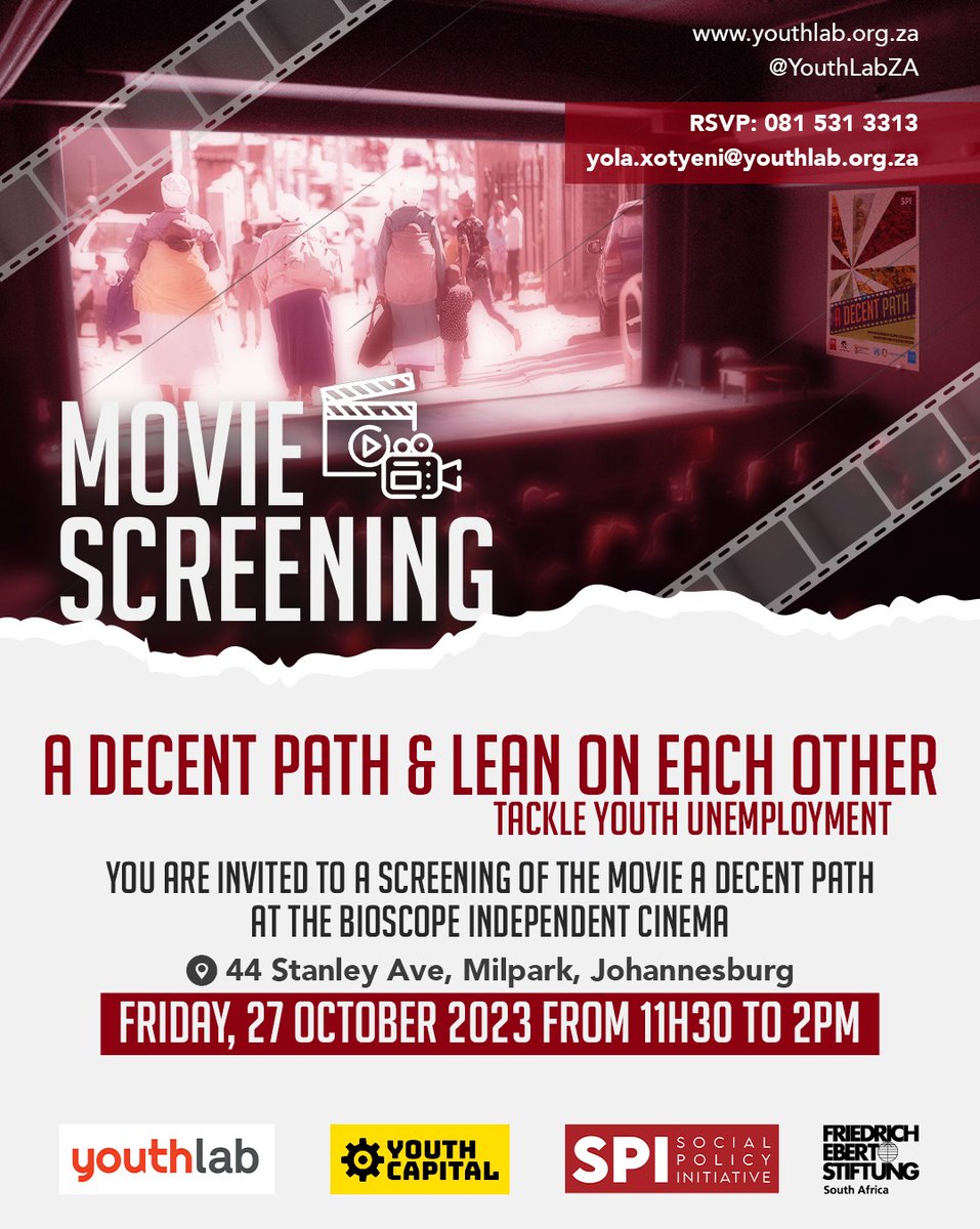 FILM SCREENING We are pleased to invite you to the showcase of two eye-opening films from @spi_za and @youthcapitalsa: A Decent Path and Lean on Each Other. Afterwards, we’ll have a discussion about why social support is essential for young people, especially those seeking jobs.