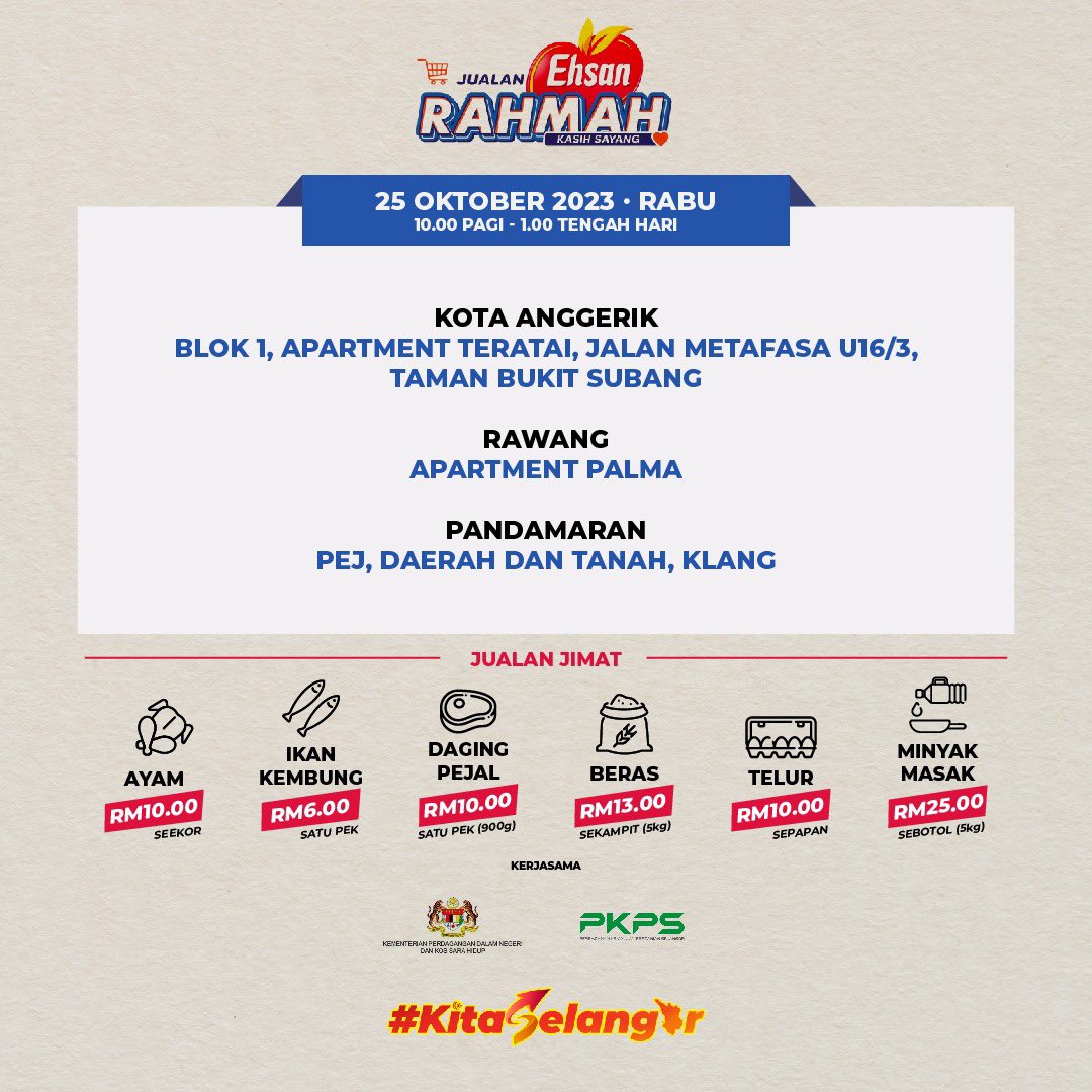 Warga Selangor berpeluang menikmati harga barangan makanan mentah dan asas pada harga lebih rendah berbanding pasaran sempena Jelajah Ehsan Rahmah (JER). 

Rujuk senarai lokasi Jelajah Ehsan Rahmah pada 25 Oktober (Rabu) dari jam 10 pagi ke 1 tengah hari. 

#KitaSelangor