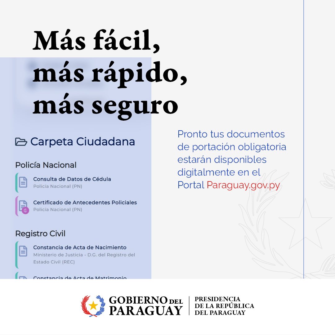 Promulgué la Ley de Validez Digital de los Documentos de Portación Obligatoria. <a href="/Miticpy/">MITIC Paraguay</a> se encuentra trabajando en la plataforma gratuita para permitir a todos los ciudadanos portar digitalmente su cédula de identidad, licencia de conducir, cédula verde vehicular y la