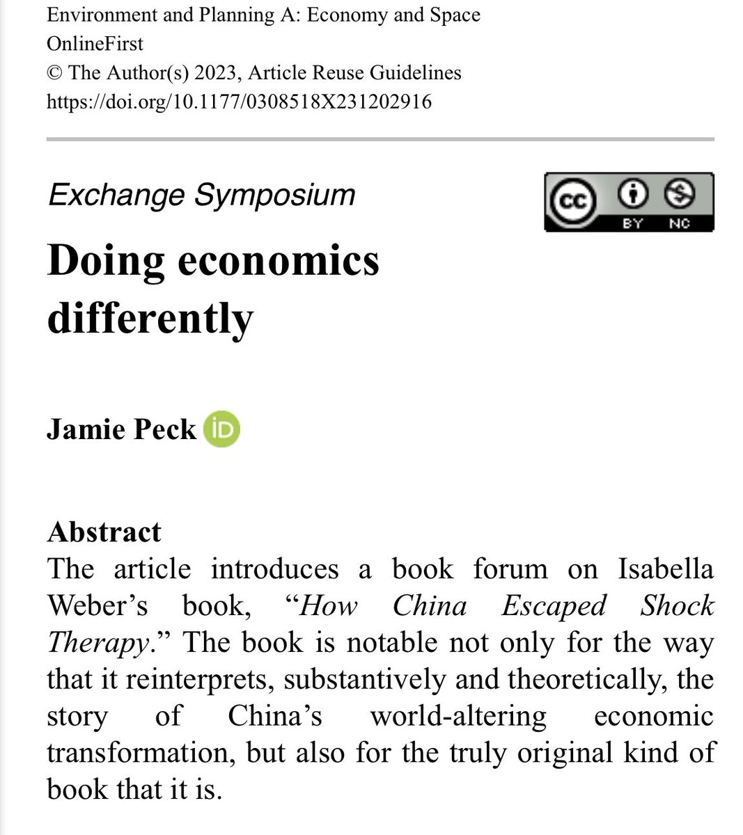 “Doing Economics Differently” - that’s been a goal of How China Escaped Shock Therapy and the practice of many of its protagonists. Beyond happy to see this gem of a review symposium out in Environment and Planning with an introduction by J. Peck (@outtaKimbo) & reflections by: