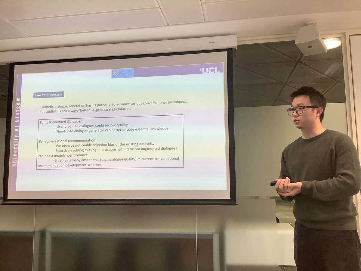 Great talk by @TerrierTeam alumni, UofG graduate, and friend @wangxieric at @GlasgowCS on the role of synthetic dialogue generation in enhancing conversational recommendation systems. #IRTalk