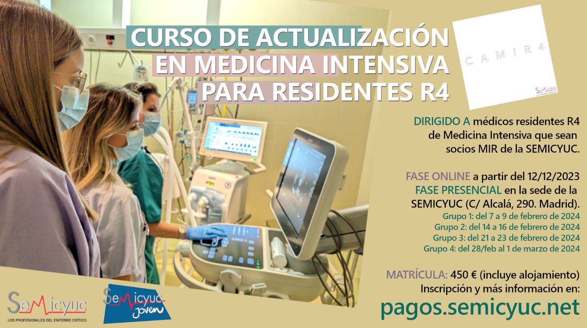semicyuc's tweet photo. 👩🏻⚕ ¿Eres R4 de #MedicinaIntensiva? ¡Este curso es para ti!
Lanzamos el I Curso de Actualización en Medicina Intensiva para R4 #CAMIR4 Actividad semipresencial que se completa con tres días de talleres, simuladores, prácticas y charlas en nuestra sede 👇 https://t.co/rszQYgcdkj