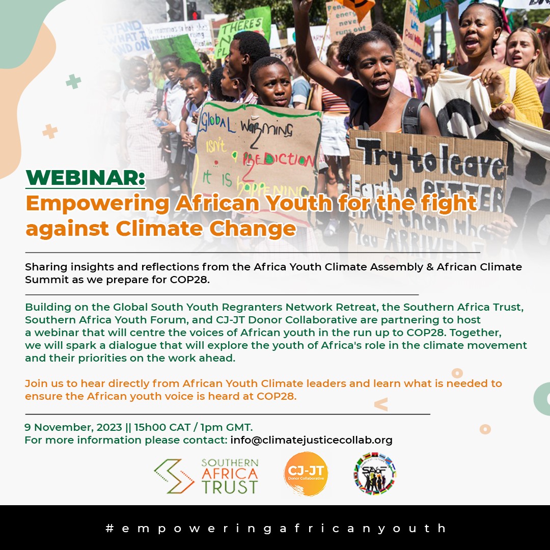 📢@SAYoF_SADC in partnership with <a href="/SthrnAfrcaTrust/">Southern Africa Trust</a> and CJ-JT is inviting you to attend a virtual conversation on youth and Climate Change. This is a platform that echoes the voices of the African youth, harnessing their insights, dreams and aspirations.
🔗eventbrite.co.uk/e/empowering-a…