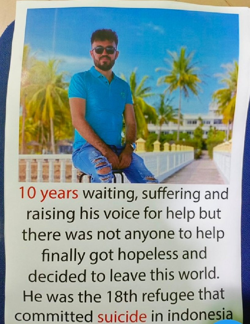 daichopanazmo's tweet photo. A Hazara asylum seeker who fled Taliban persecutions escaped to Indonesia, after being stateless for a decade seeking help &amp; protection, committed suicide.
The @UN has a moral obligations to provide humanitarian protection to these stateless people. 
#StopHazaraGenocide https://t.co/t2OTsK6ibs