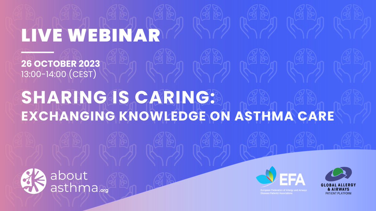 EFA_Patients's tweet photo. NEW WEBINAR📢Sharing is caring: Exchanging Knowledge on #Asthma Care

How can educational info on asthma care become more accessible for #patients in Europe and worldwide?

Join us to find out and discover a new website #AboutAsthma!

📅26 Oct 13.00 CEST
➡️https://t.co/I1UCr4Ojms https://t.co/cLah4vlGx1