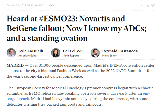 AndyKinley's tweet photo. Best #ESMO23 biotech headline of the morning? "Now I know my ADCs"
@endpts https://t.co/rzKx987bdj