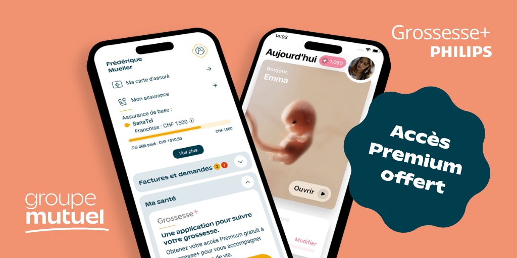 Groupe_Mutuel's tweet photo. 🆕📱 MAINTENANT DISPONIBLE 🆕📱 dans votre #EspaceClient ➡ https://t.co/BeVWg7Y1Fc 
Le #GroupeMutuel vous permet d’accéder gratuitement à la version Premium de 🤰Grossesse+, l’#application de suivi de #grossesse la plus utilisée en Suisse. Attention cette offre est limitée. https://t.co/VqoFuyvz3T