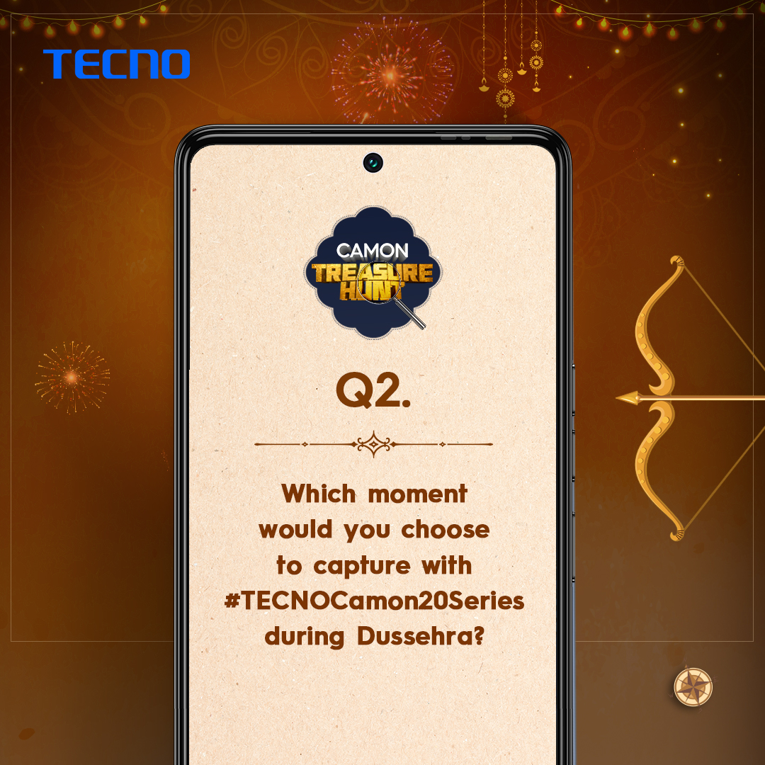 #ContestAlert This Dussehra, embrace the spirit of righteousness and the triumph of light over darkness. 🌟 Participate in the adventure by submitting your answers in #TECNOCamonTreasureHunt. One lucky winner stands a chance to win an exciting prize.