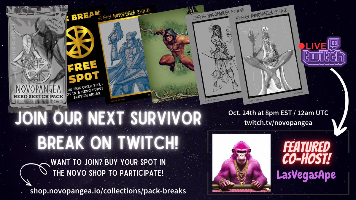 Novopangeaio's tweet image. Don't miss the party TONIGHT with LasVegasApe! We're crackin' Sketch Packs and doin' giveaways! Be there at 8pm EST / 12am UTC at twitch.tv/novopangea

Want to join a Pack Break of your own? Visit novopangeaio.myshopify.com/collections/pa… and get your spot!

#packbreak #digitalart #packbreaks