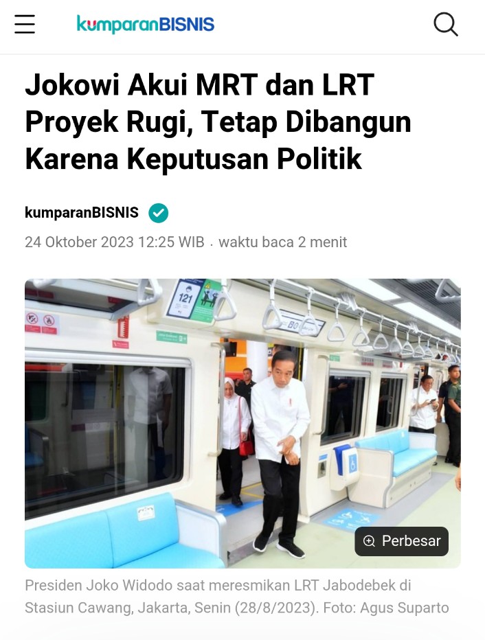 Woi <a href="/KPK_RI/">KPK</a> bisa ga kalian Tangkap <a href="/jokowi/">Joko Widodo</a> karena telah merugikan Negara ?

Sangat Jelas Pengakuannya ini bahwa Proyek MRT dan LRT ini Sudah Rugi Sejak Perencanaannya Tapi Tetap Dibangun, Mungkinkah Ada Fee  atau Mark Up Proyek Yang Mengalir Ke Kantongnya Sehingga Proyek Yang