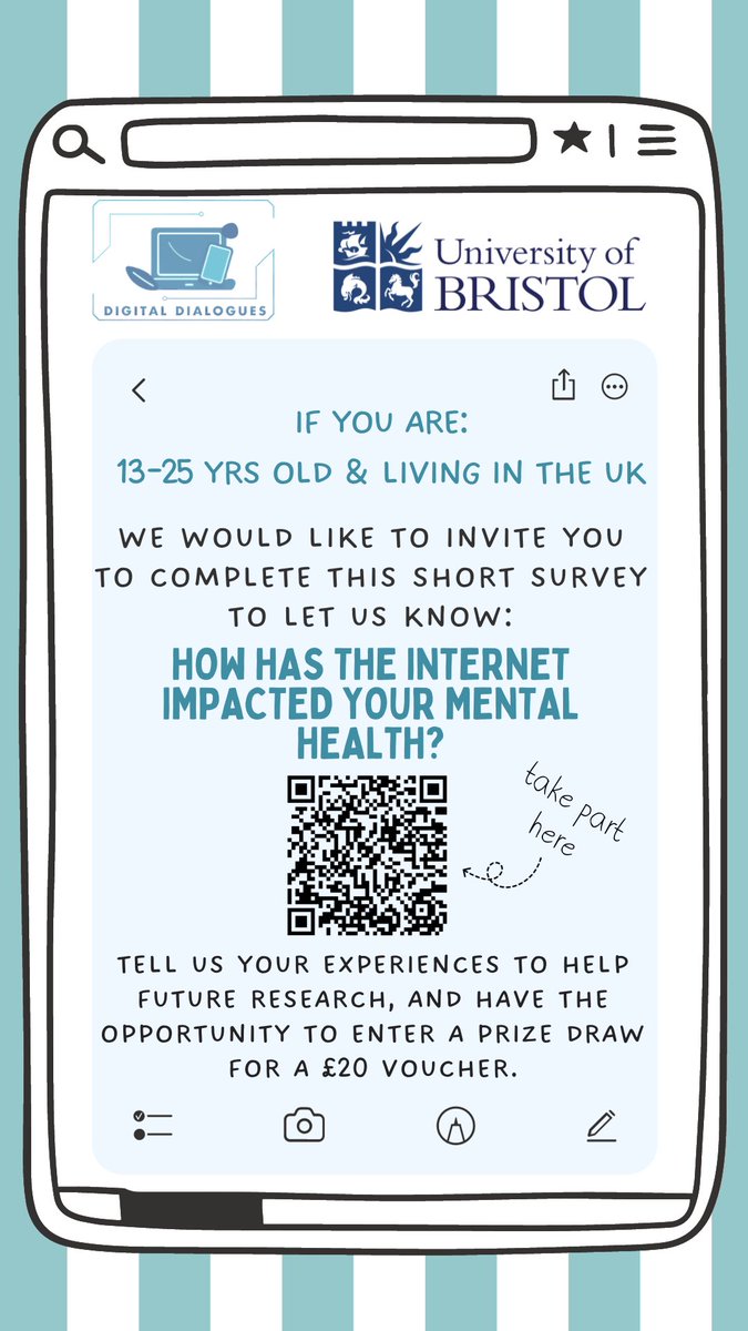 DigitalDialogues (@dgtldialogues) on Twitter photo We are looking for young people to take part in our short survey on the effects of online use on mental health 📱
If you’re a young person wanting to share your voice on the matter, access the survey here meded.onlinesurveys.ac.uk/digital-dialog…
Please share! 👍 #ypag #halfterm #teachertwitter We are looking for young people to take part in our short survey on the effects of online use on mental health 📱
If you’re a young person wanting to share your voice on the matter, access the survey here meded.onlinesurveys.ac.uk/digital-dialog…
Please share! 👍 #ypag #halfterm #teachertwitter