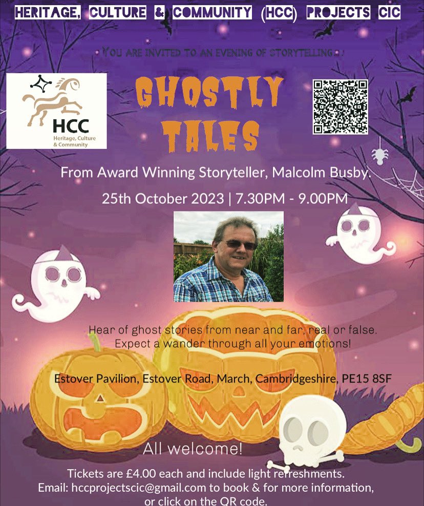 hccstonea's tweet photo. Weds 25 Oct @ Estover Pavilion, March, Cambs, 7.30pm, 2 c award winning storyteller Malcolm Busby.  Suitable for 11 +.  Half term special, use code YP50, @ check out, pay only £2 for 11-16’s.  Online special.  Follow link to register: https://t.co/18VVun8YLE or click on the QR. https://t.co/c4h1uIzlzc