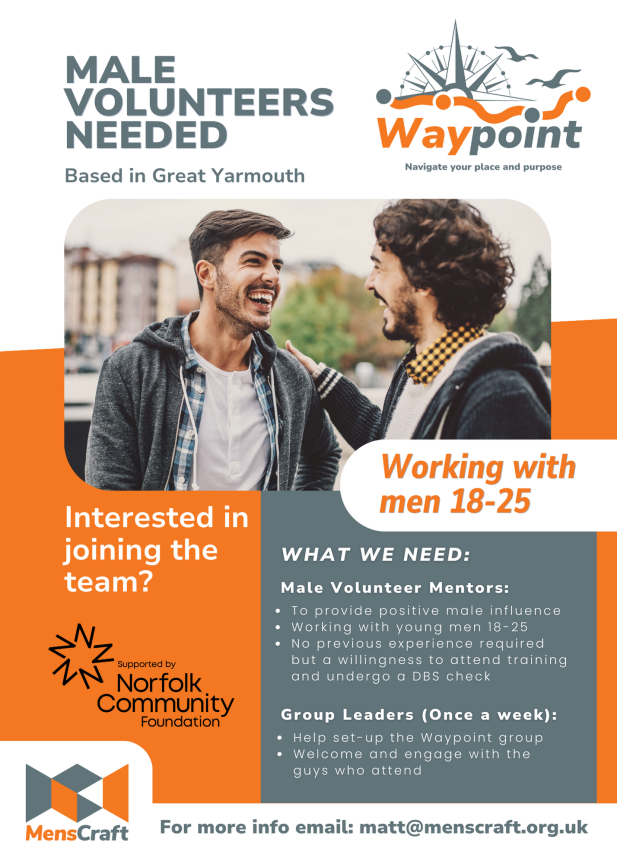 Introducing Waypoint. A new programme for men 18-25 in #GreatYarmouth. - weekly group on Tuesdays from 1–2:30pm. - one-to-one mentoring for those interested. Providing #men with positive male influence & facilitate an increase in physical, mental & social #wellbeing. 👇