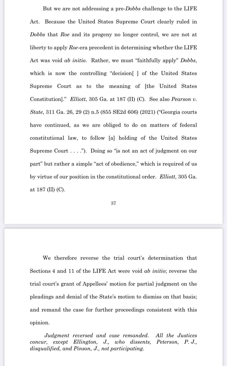 The Georgia Supreme Court reversed a Fulton judge’s ruling that the state’s anti-abortion law was void because Roe v. Wade was in effect when the law passed in 2019. The decision was 6-1 in favor, with Justice Ellington dissenting. #gapol