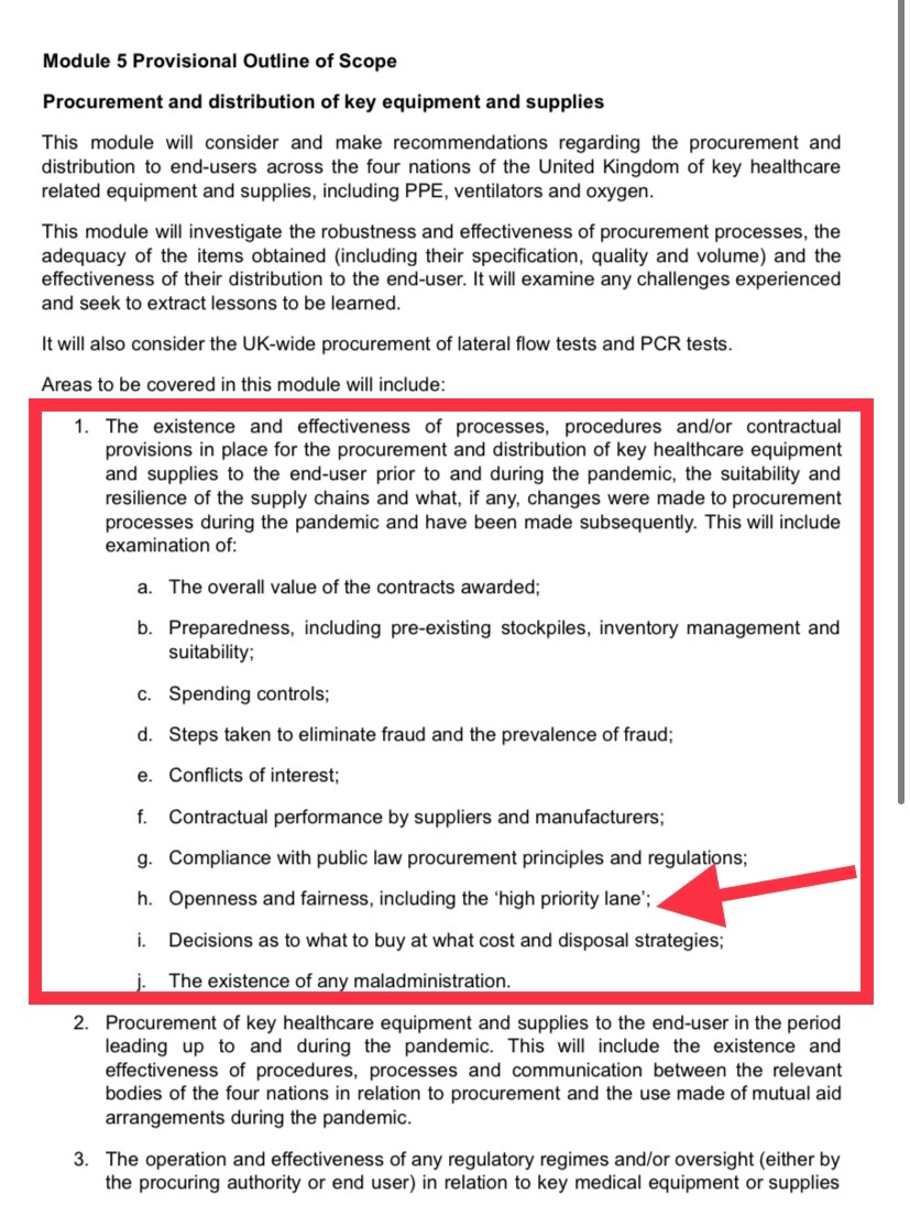 🚨Covid inquiry announces it will Investigate the VIP lane. The outline scope for module 5 of the inquiry says It intends to examine: “Openness and fairness, including the ‘high priority lane’” 👀⬇️