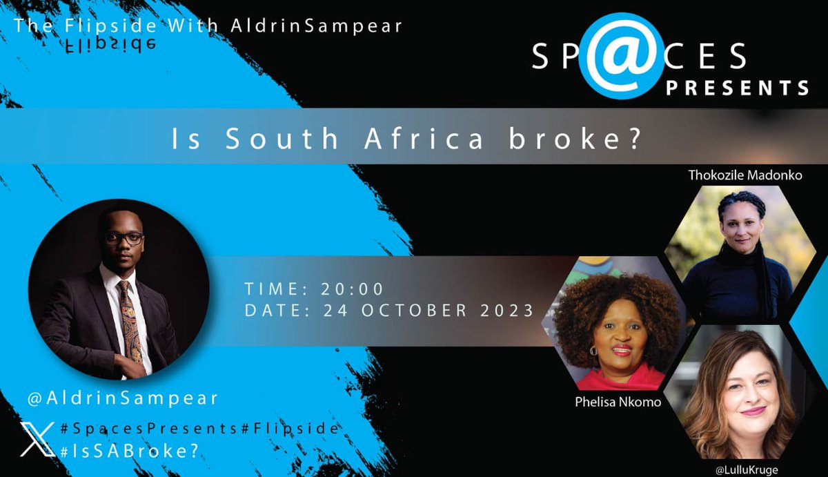 Sp@ces Presents (@spacespresents) on Twitter photo How are you coping in the current economy?
Tonight on #TheFlipside we discuss the state of South Africa's economy.
<a href="/AldrinSampear/">Aldrin Sampear</a> will be joined by <a href="/NkomoPhelisa/">DistributivePhelzJustice</a> -Global Economic Expert, <a href="/LulluKrugel/">Lullu Krugel</a>-Chief Economist <a href="/pwc_za/">PwC South Africa</a> & a <a href="/budgetjusticesa/">Budget Justice Coalition SA</a> member. How are you coping in the current economy?
Tonight on #TheFlipside we discuss the state of South Africa's economy.
<a href="/AldrinSampear/">Aldrin Sampear</a> will be joined by <a href="/NkomoPhelisa/">DistributivePhelzJustice</a> -Global Economic Expert, <a href="/LulluKrugel/">Lullu Krugel</a>-Chief Economist <a href="/pwc_za/">PwC South Africa</a> & a <a href="/budgetjusticesa/">Budget Justice Coalition SA</a> member.