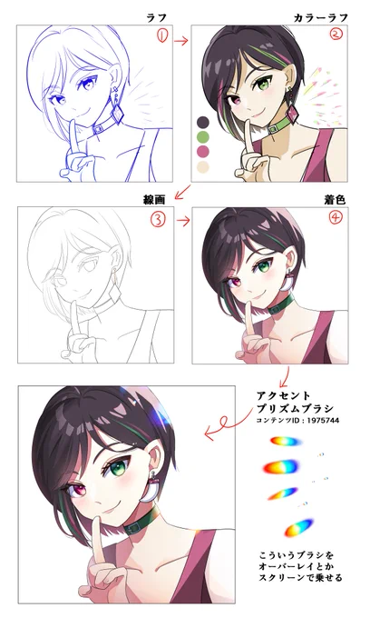 イラストメイキング

アクセントプリズムブラシは物足りないところにざっくり乗せると華やかになるのでとても良いブラシですオススメ。
https://t.co/pNqWe22UUR

#イラスト依頼 