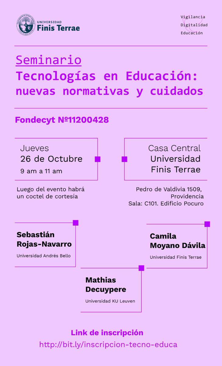 El jueves participaré de este lindo evento organizado por @camilamoyanod sobre tecnología, educación y cuidados. Es abierto, previa inscripción en el link. No se lo pierdan!
<a href="/micare_chile/">MICARE</a> <a href="/DoctoradosUNAB/">Doctorados UNAB</a> <a href="/Vrid_Unab/">Investigación UNAB</a> <a href="/FecsUnab/">Investigacion FECS_UNAB</a>
