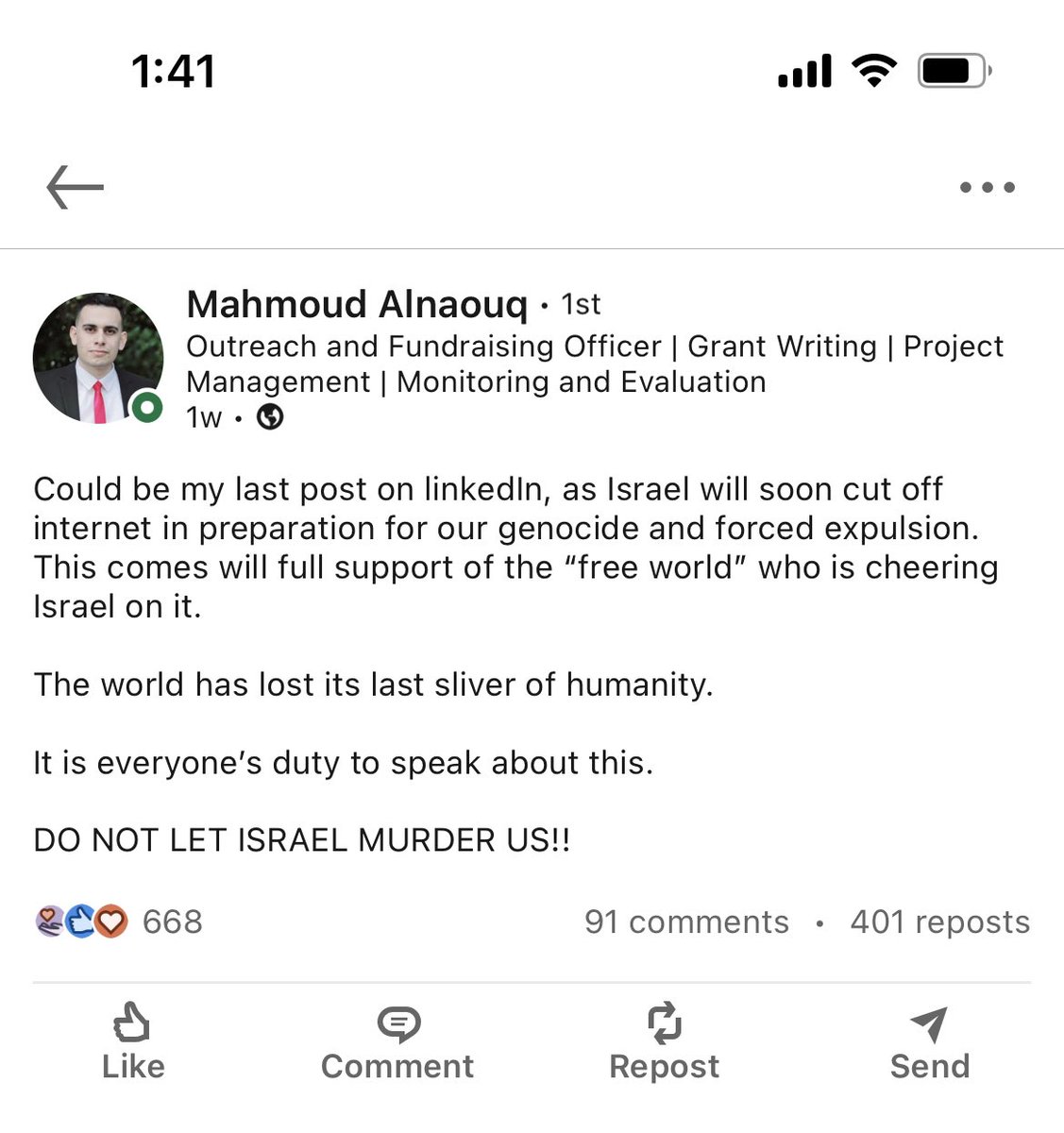 This was my brother’s last post. I am sorry Mahmoud. The world has let Israel murder you. And the world is letting Israel murder other families.