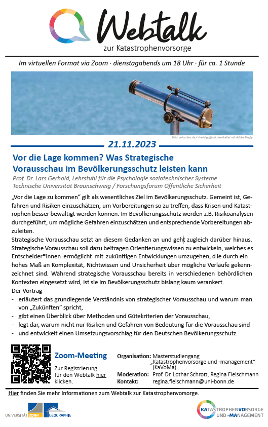 #kavoma Am 21.11 um 18:00 Uhr findet der nächste 'Webtalk zur Katastrophenvorsorge' statt! Thema: Vor die Lage kommen? Was Strategische Vorausschau im Bevölkerungsschutz leisten kann Registrierung: cutt.ly/zwWCSqjO Mehr Infos: cutt.ly/FwWCSgMz