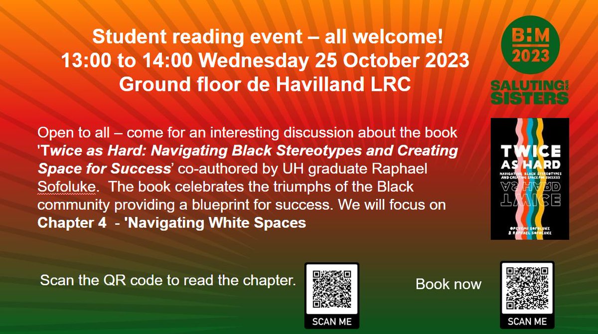 All welcome! We've got a fantastic event happening tomorrow for #BlackHistoryMonthUK at de Havilland LRC, do sign up and come along @UniofHerts