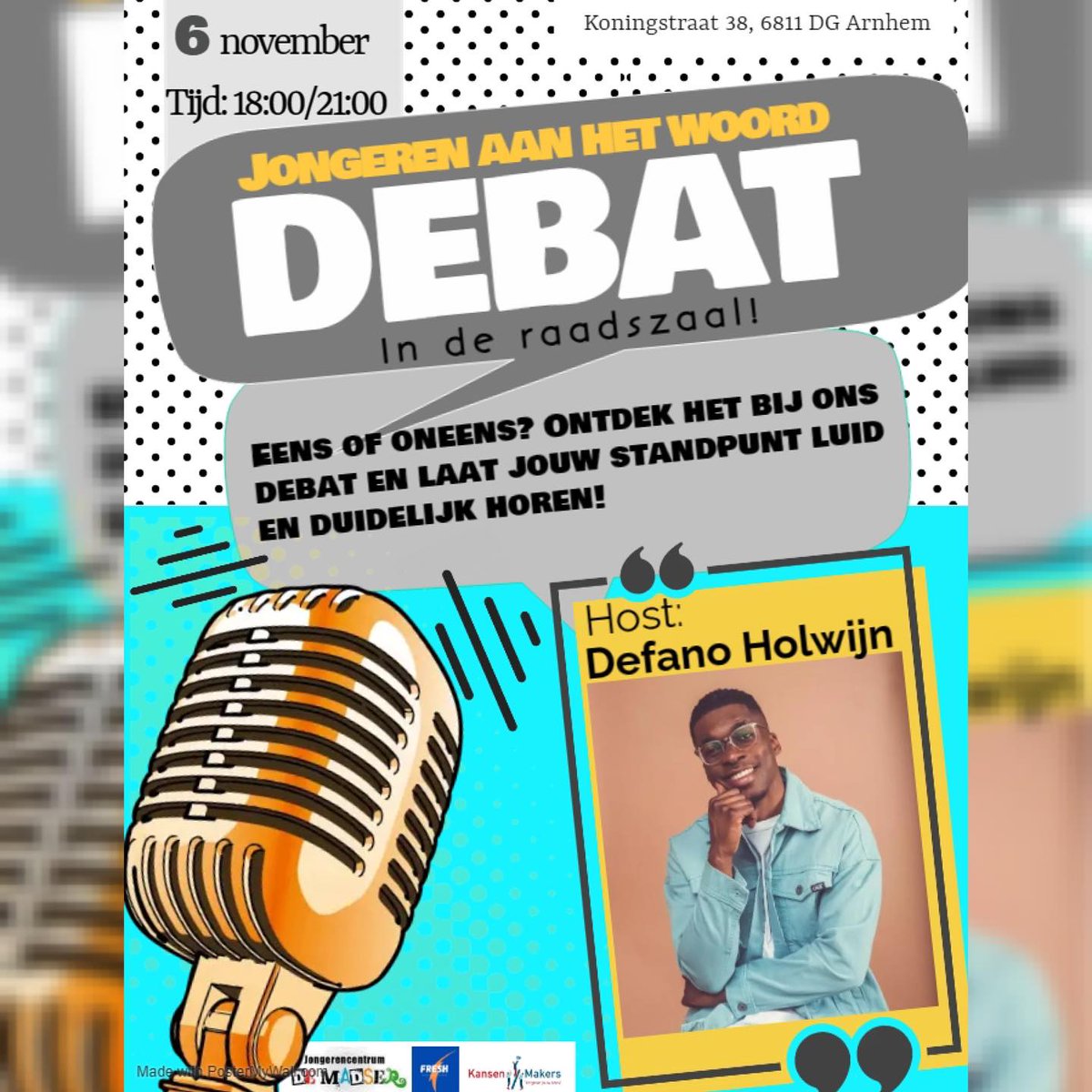 In aanloop naar de Tweede Kamerverkiezing bundelen JC de Madser , JC de Fresh (onderdeel van Stichting Rijnstad) en #Kansenmakers hun krachten om een jongerendebat te organiseren op maandag 6 november in het Stadhuis in #Arnhem.