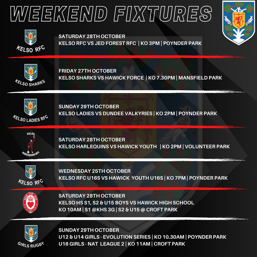 KelsoRugby's tweet image. ⚫️⚪️ THIS WEEKS FIXTURES ⚫️⚪️

Fixtures for this week are as below ⬇️

⚫️⚪️

#OneClub #OneCommunity #BlacknWhiteJersey