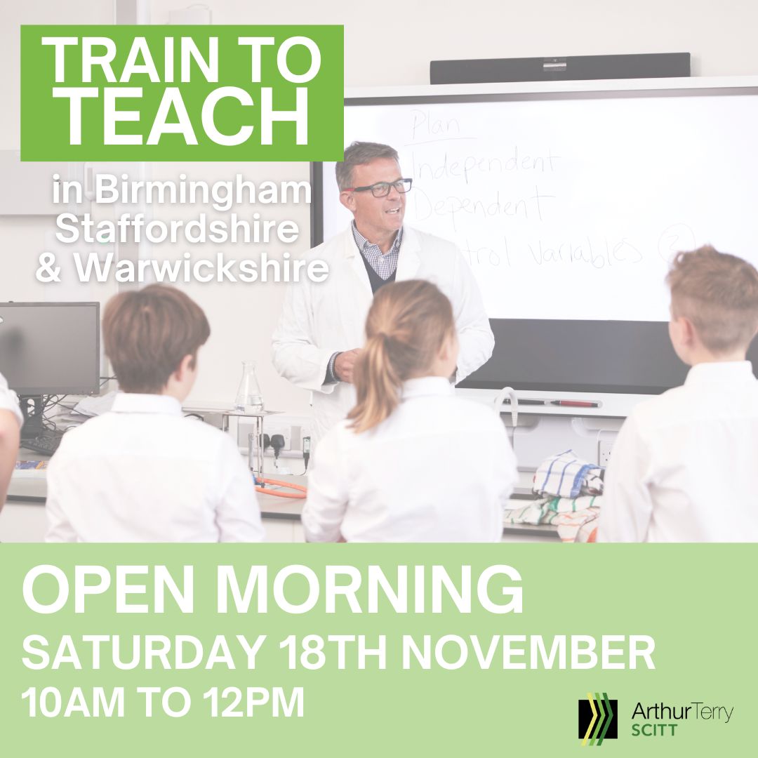 Interested in becoming a teacher? Whether you're finishing University or looking to change careers, meet the team at our next Open Morning!
📍@ArthurTerrySch
🗓️Saturday 18th November
💻tinyurl.com/yne3na7u 
#traintoteach #becomeateacher #getinoteteaching #birmingham #PGCE