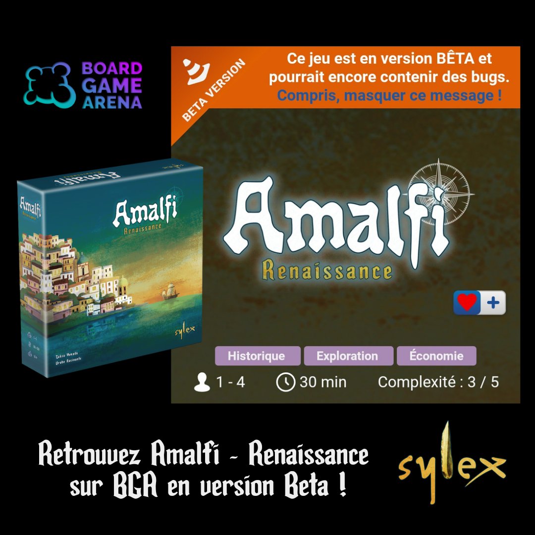 Sylex_games (@gamessylex) on Twitter photo Avis aux amateurs de jeux en ligne !
Amalfi - Renaissance est disponible en version Beta sur <a href="/BoardGameArena/">Board Game Arena</a> 🤩
On s'y retrouve pour une petite partie ? À tout de suite 😁
#boardgames #bga #boardgamearena #amalfirenaissance #amalfi #sylexgames #sylex Avis aux amateurs de jeux en ligne !
Amalfi - Renaissance est disponible en version Beta sur <a href="/BoardGameArena/">Board Game Arena</a> 🤩
On s'y retrouve pour une petite partie ? À tout de suite 😁
#boardgames #bga #boardgamearena #amalfirenaissance #amalfi #sylexgames #sylex