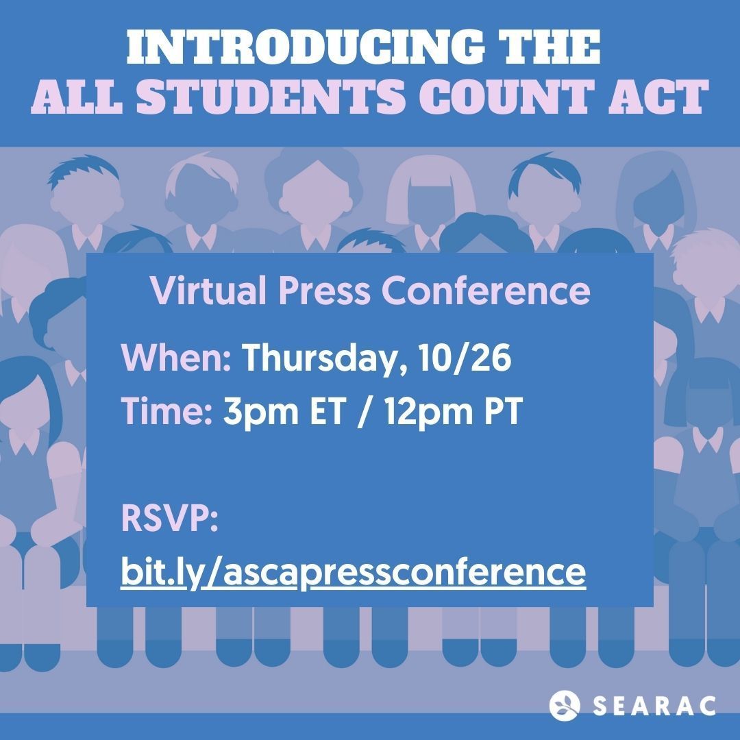 SEARAC's tweet image. Join us this Thursday, 10/26, at 3pm ET / 12pm PT for a virtual press conference to reintroduce the #AllStudentsCount Act into Congress! RSVP here: bit.ly/ascapressconfe… 
 
#ASCA2023 #SEAAStudentsCount #AANHPIStudentsCount
@maziehirono
@repjayapal