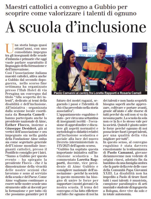 AimcMaestri's tweet photo. “Alla scoperta dei Talenti”, promosso dalla realtà associativa umbra di #Gubbio.La presidente nazionale Esther Flocco ha evidenziato come “la scuola debba far emergere i talenti di tutti e di ciascuno promuovendo lo sviluppo pieno e il benessere di ciascun alunno”. #aimcitalia https://t.co/yQlha3ig0s