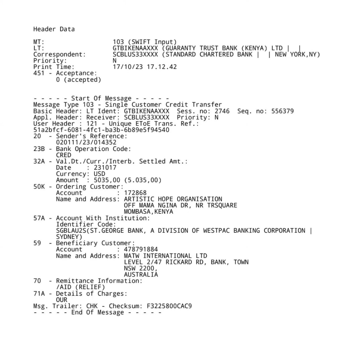 Update 2nd swift transfer sent 🙌🏼
Total amount of financial aid 
$10,070 = Ksh. 1,567,396 alhamdulillah 
Fundraiser ongoing! 

Swipe for proof of transfers, each $5035 ➡️

We can not do this without you - SHARE! DONATE! SUPPORT! 🇰🇪❤️🇵🇸