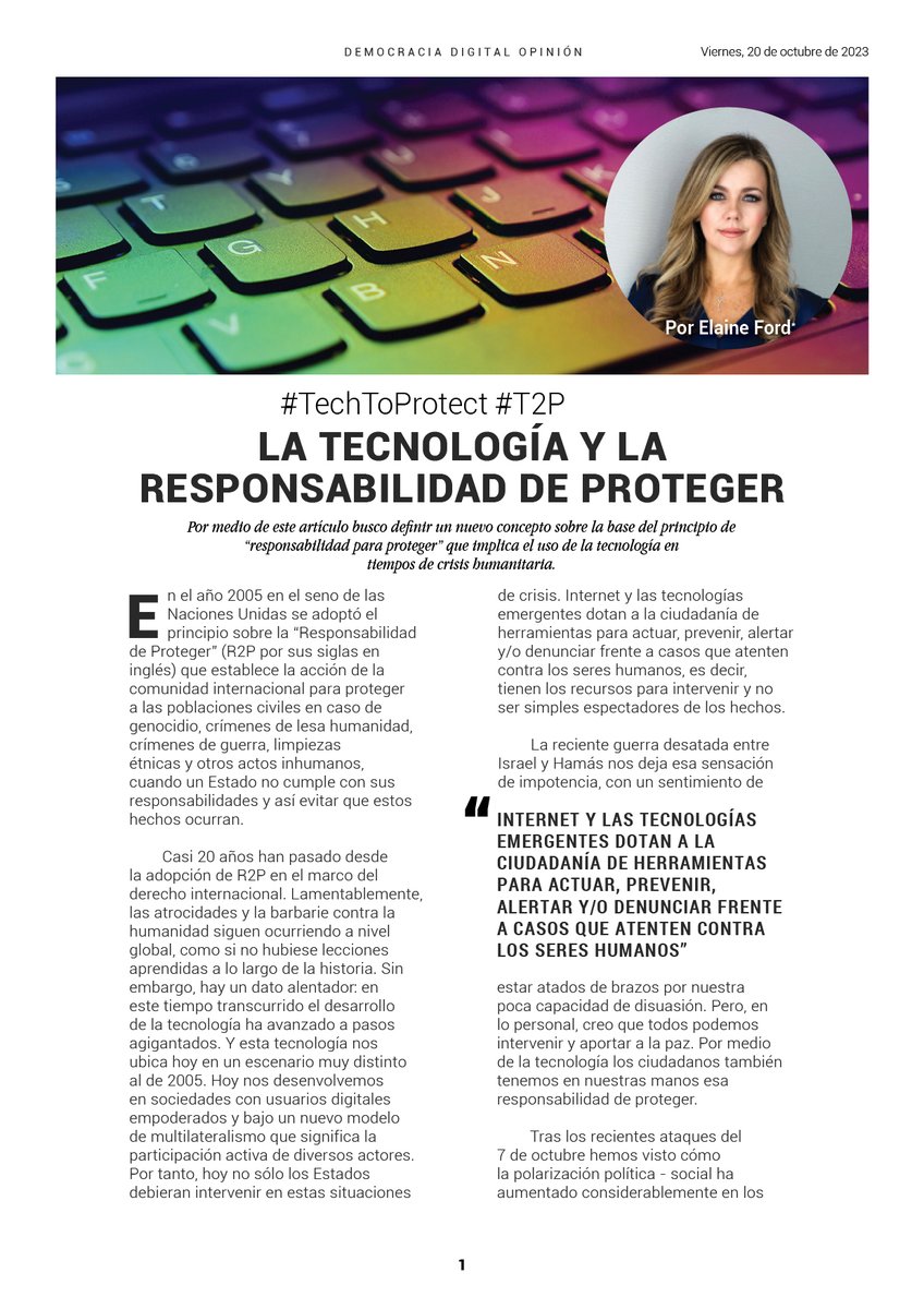 elaforde's tweet photo. ¿Has pensado cómo la tecnología puede servir a la humanidad en tiempos de guerra? Te dejo mi reciente artículo basado en el Principio de #ONU sobre la Responsabilidad de Proteger
ESP: https://t.co/NZlkv6WlvD
ENG: https://t.co/BEmsF9KGpb
#Israel #Hamas #Ucrania
#Tech2Protect #T2P https://t.co/wKRmRv9AuQ
