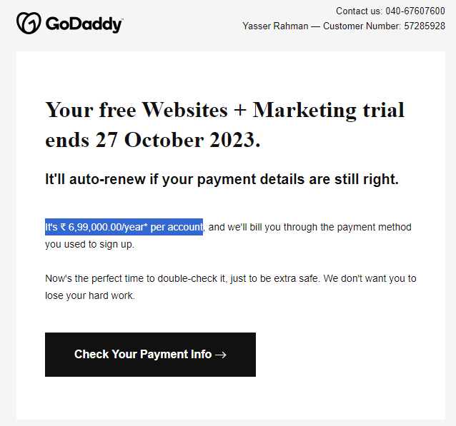 YasserRahman's tweet photo. @GoDaddy what costs Rs. 6,99,000 per year? This is ridiculous! https://t.co/X7PXtgGP8M