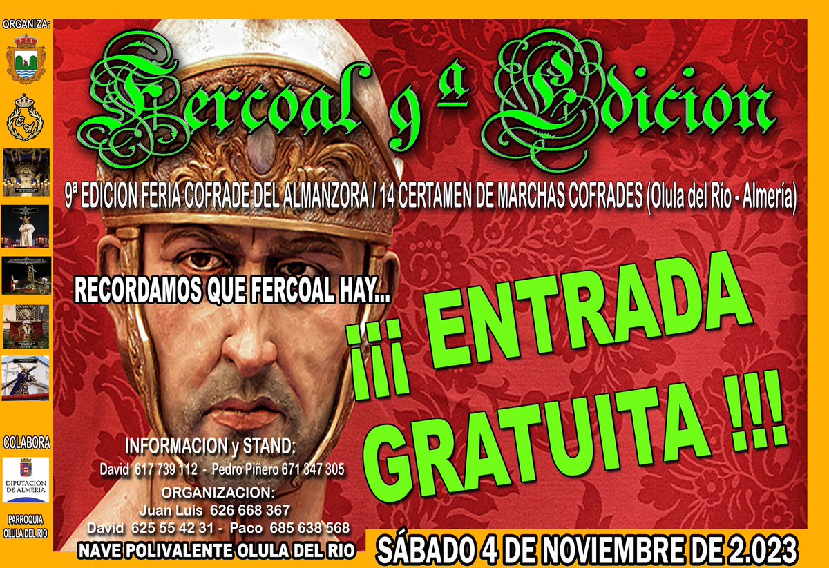 #Recordamos | Recordamos que FERCOAL tiene…

¡🅴🅽🆃🆁🅰🅳🅰 🅶🆁🅰🆃🆄🅸🆃🅰!

¡No podeis faltar!

🗓️ Sabado 4 Noviembre 2023
🚪 09h Apertura Puertas
⏰ 11:00h Inauguracion
<a href="/JesusDespojado/">A.M. Ntro. Padre Jesús Despojado</a> <a href="/AMCRISTOLASAGUA/">AM CRISTO LAS AGUAS</a> <a href="/santacruzalm/">Santa Cruz Almería</a>  <a href="/AMExfiliana/">AM Exfiliana</a> <a href="/AMVirgenMerced/">A.M.Virgen Mercedes</a>